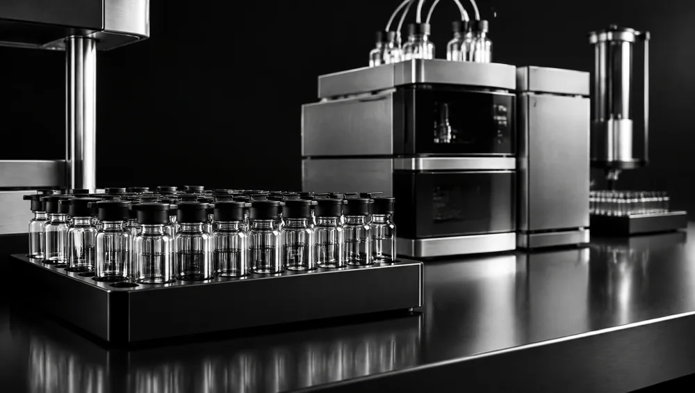 Analytical laboratory bench with sample vials and HPLC instrument